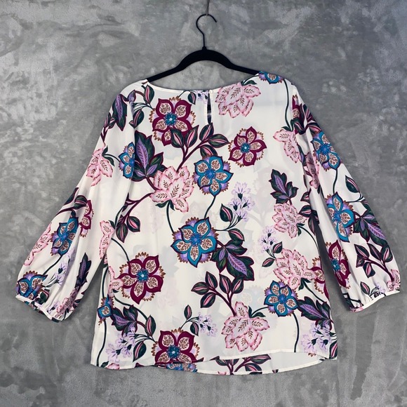 Talbots Women's Large L White Floral Print 3/4 Sleeve Boat Neck Blouse Top - Picture 6 of 8